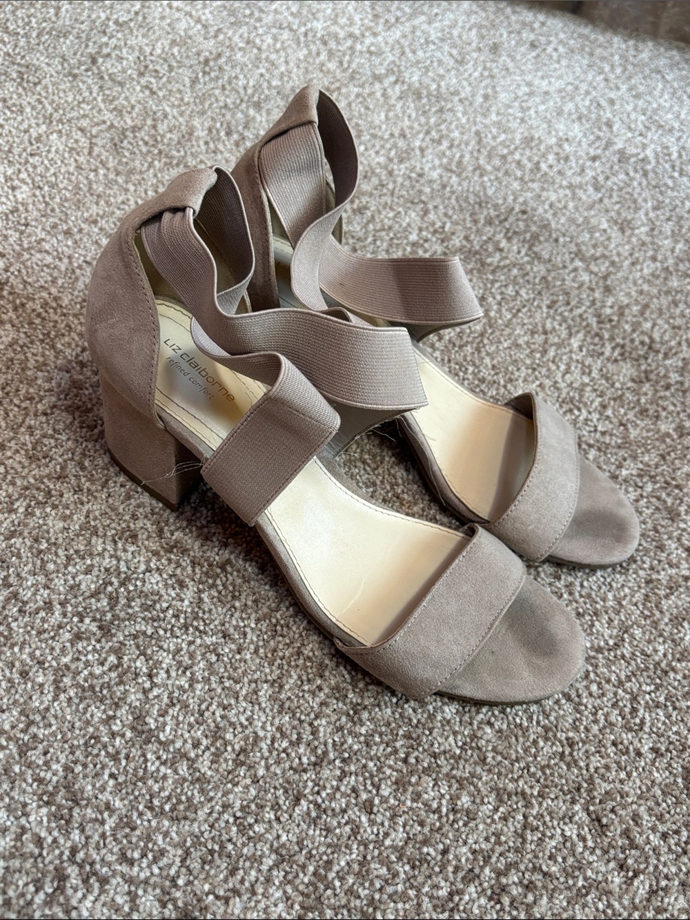 Liz Claiborne Taupe Suede Block Heel Sandals with Elastic Ankle Straps